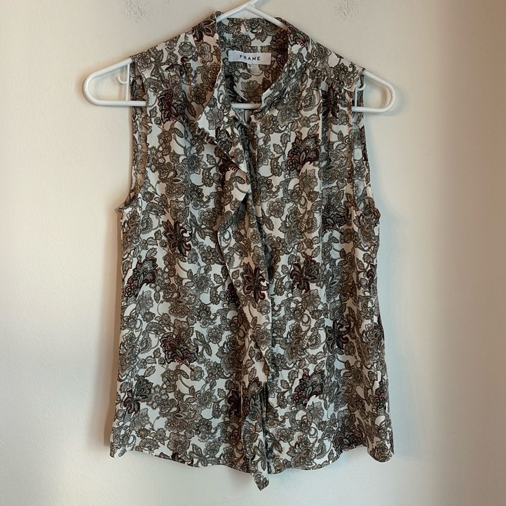 FRAME women 100% silk sleevless paisley button up mock neck top office size XS!